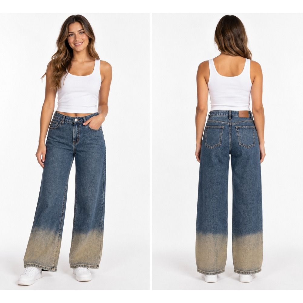Cider High Waisted Wide Leg Gradient Ombre Jeans Blue Tan Size M NWT